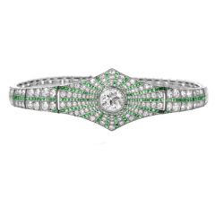 Vintage Art Deco Diamond Emerald Platinum Starburst Bracelet