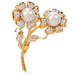 Estate Diamond Pearl 18K Gold Double Flower Pin Brooch