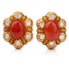Feriozzi Vintage Red coral 18k textured gold clip on earrings