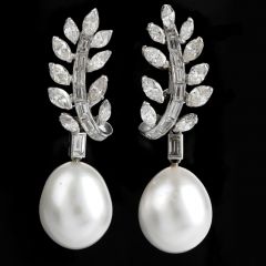 Vintage Marquise  Baguette Diamond 16mm Pearl  Platinum Clip Drop Earrings