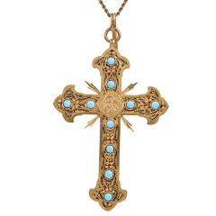 Antique Turquoise 22K Gold Unique Fleur de Lis Large Cross Pendant 