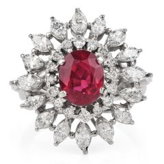 Estate GIA Ruby 3.65ct Diamond Platinum Floral Cocktail Ring