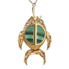 Vintage 1970’s Malachite Diamond 18K Gold Fish w Hook Pin Brooch