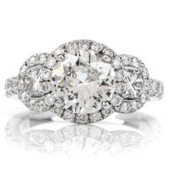 GIA 1.72ct Round Diamond 18K Gold 3 Stone Halo Engagement Ring