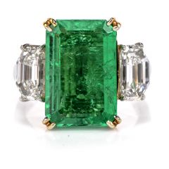  GIA 4.91ct Emerald Diamond 3 Stone Platinum Engagement Cocktail Ring