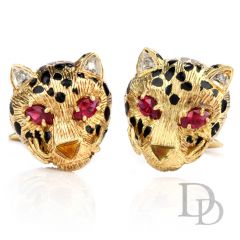 Vintage Cheetah Diamond  Ruby Enamel 18K Cat Cufflinks