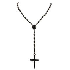 Estate Black Diamond Gold Long Drop Beaded Rosary Cross Pendant Necklace
