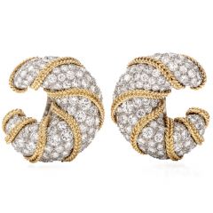 Vinatge Diamond Platinum Gold Clip-Back Half Hoop Shrimp Earrings