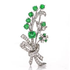 Vinatge Deco Emerald Diamond Platinum Flower Bouquet Pin