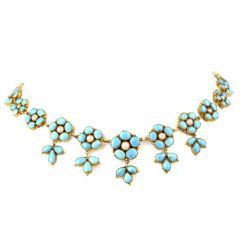 Vintage Victorian style Turquoise Petals and Pearl 18k Yellow Gold Choker Necklace