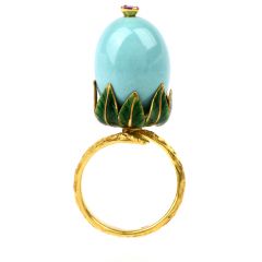 Vintage Exotic Enameled 18k Turquoise Ruby Cocktail Gold  Ring