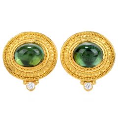 Bikakis & Johns Diamond Peridot 18K Gold Etruscan Omega Back Cabochon Earrings