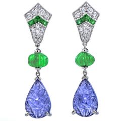 Estate 19.1ct Diamond Emerald Tanzanite 18K Gold Carved Drop Dangle Earrings