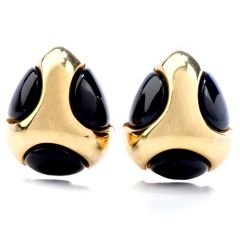 Vintage Onyx 18K Gold Polka Dot Tear Drop Clip On Earrings