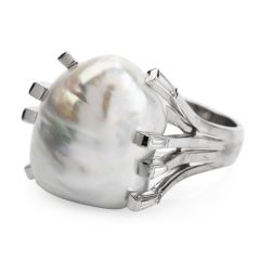 Estate Large Baroque White Pearl Platinum  Cocktail Ring