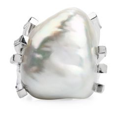 Estate Large Baroque White Pearl Platinum  Cocktail Ring