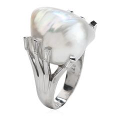 Estate Large Baroque White Pearl Platinum  Cocktail Ring