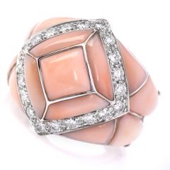 Estate Diamond Pink Coral 18K Gold Inlay Cocktail Ring