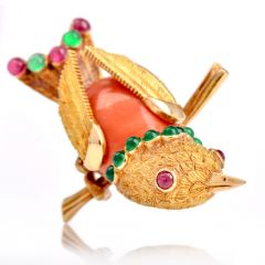 Vintage Coral 18K Gold Emerald Ruby Bird Brooch Pin