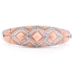 Estate Diamond Pink Coral 18K Gold Inlay Bangle Bracelet. 