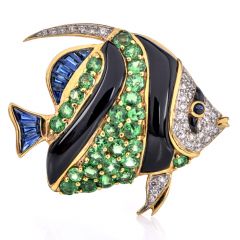 Multi Gem Tsavorite Onyx diamond Fish Pin Pendant
