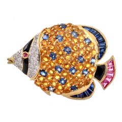 Estate Yellow sapphire Diamond Fish 18K Pin pendant