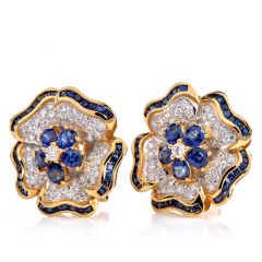 Vintage Diamond Sapphire 18K Gold Flower Motif Earrings