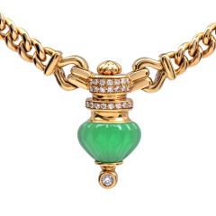 Vintage Chrysoprase Diamond Gold Pendant Curb Link Necklace 