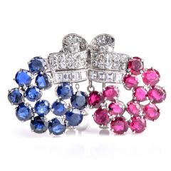Antique Diamond Ruby Sapphire 18K Gold Double Clip Pin 
