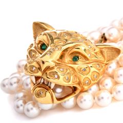 Estate Diamond Emerald 18k Gold Panther Pearl Necklace 