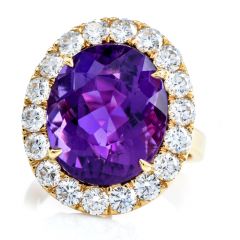 Vintage Retro Diamond Fine Amethyst 18K Yellow Gold Halo Cocktail Ring