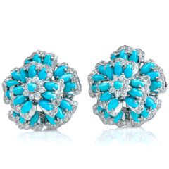 Elegant Diamond Fine Turquoise 18K Yellow Gold Blue Flower Clip On Earrings 
