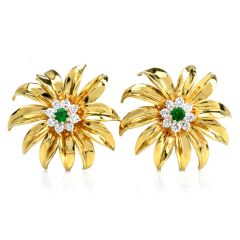 Tiffany & Co. Vintage Diamond Emerald 18K Yellow Gold Flower Clip-On Earrings 
