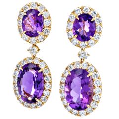 Vintage Retro 6cts Diamond Amethyst 18K Yellow Gold Halo Dangle Drop Earrings