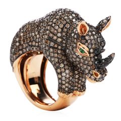 Estate Brown Black Diamond Tsavorite 18K Rose Gold Rhino Cocktail Ring