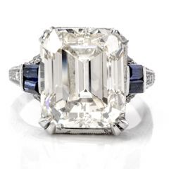 GIA 11.06cts Diamond Sapphire Platinum Emerald Cut Filigree Engagement Ring