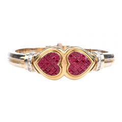Estate Retro Ruby Diamond 18K Gold Double Heart Bangle Bracelet