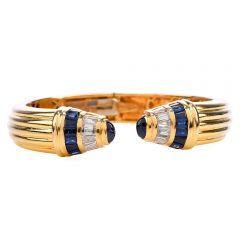 Estate Diamond Blue Sapphire 18K Gold 1980s Cuff Bangle Bracelet