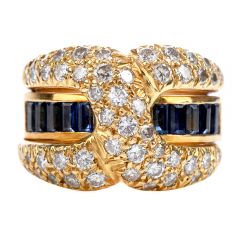 Estate Retro Diamond Sapphire 18K Gold 'X' Band Ring 