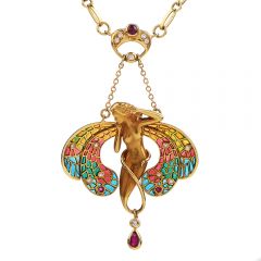 Italian Art Nouveau Diamond Ruby 18K Gold Plique Jour Enamel Nymph Pendant Necklace