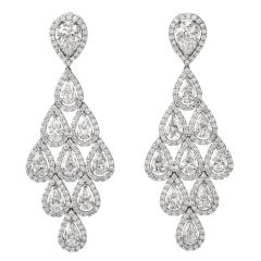 Estate Diamond 18K Gold Pear Halo Drop Chandelier Earrings