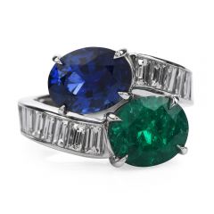 Estate Certified Colombian Emerald & Ceylon Sapphire Diamond Platinum Bypass Ring 