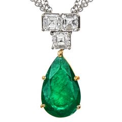 Estate Asscher-Cut Diamond Vivid Green Emerald 18K Gold Dangle Drop Pendant Necklace