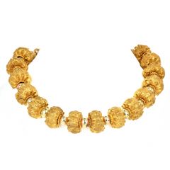 Vintage Retro 18K Yellow Gold Beaded Nugget Textured Large Link Necklace