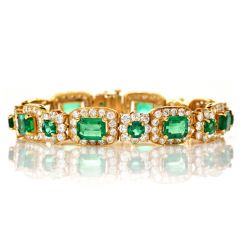 Vintage Diamond GIA Emerald 18K Yellow Gold Flower Halo Link Bracelet