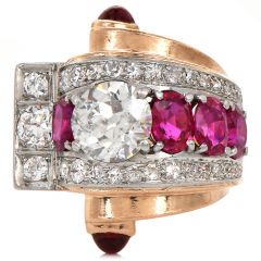 Vintage Retro Diamond Ruby Rose Gold Cluster Geometric Cocktail Ring