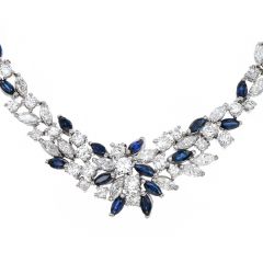 Vintage 14.0ct Diamond Blue Sapphire Platinum Floral Link Tennis Classic Necklace