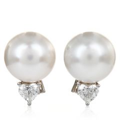 Estate 1.15cts Diamond 14.5 mm South Sea Pearl Platinum Stud Earrings