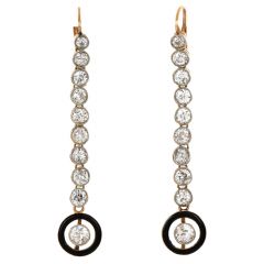 Vintage Diamond Onyx 18K Yellow Gold Halo Link Dangle Drop Earrings