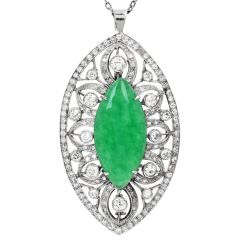 Antique Old European Cut Diamond Green Jade Platinum Floral Marquise Large Brooch Pendant